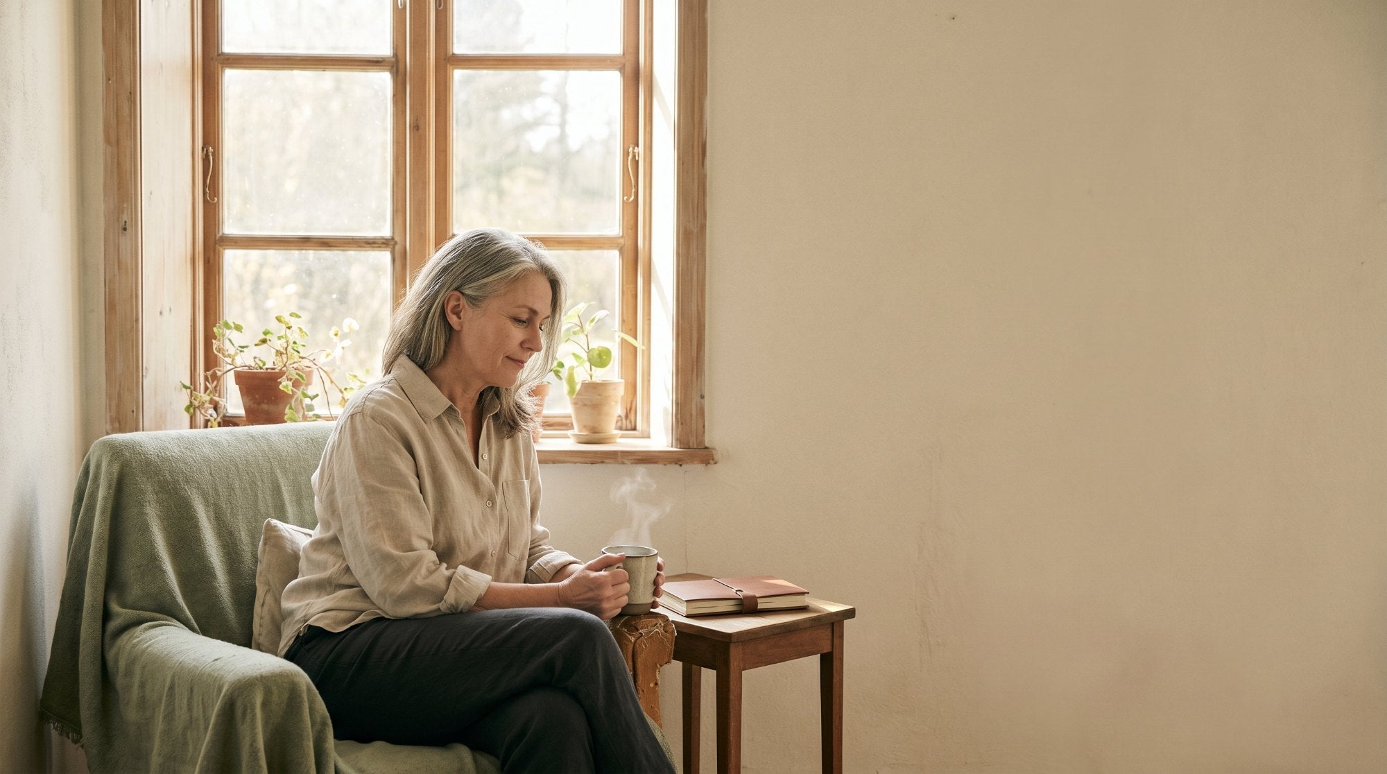 A woman sitting calmly with a cup of tea by a sunlit window