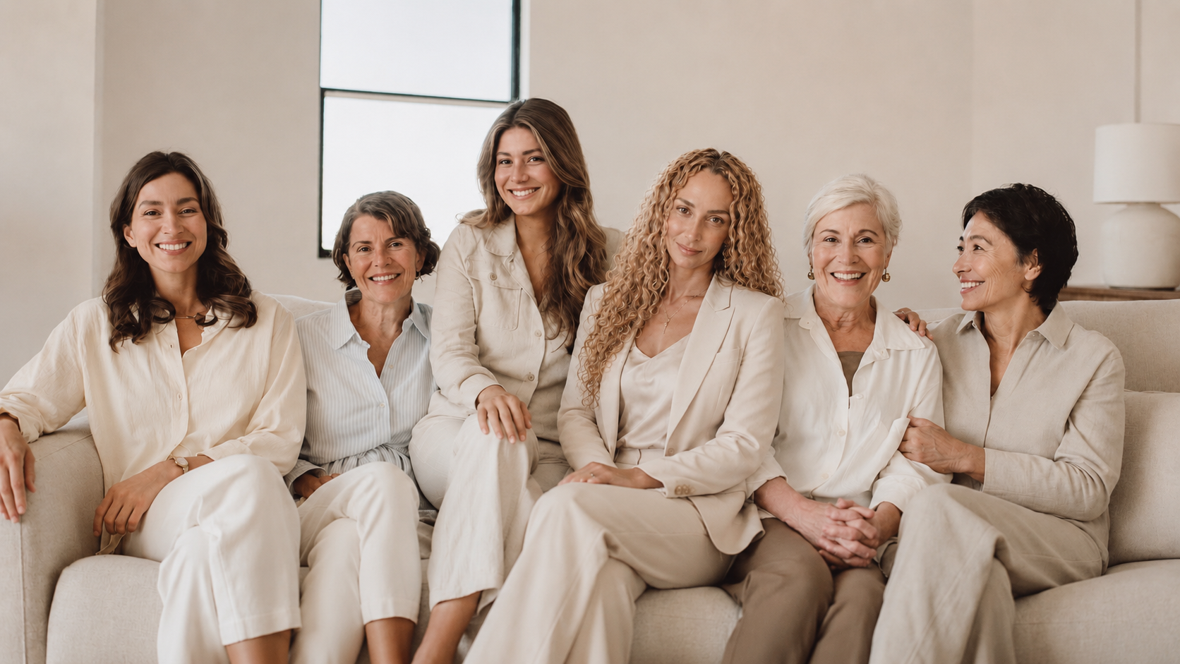 Six women of different ages together on a sofa